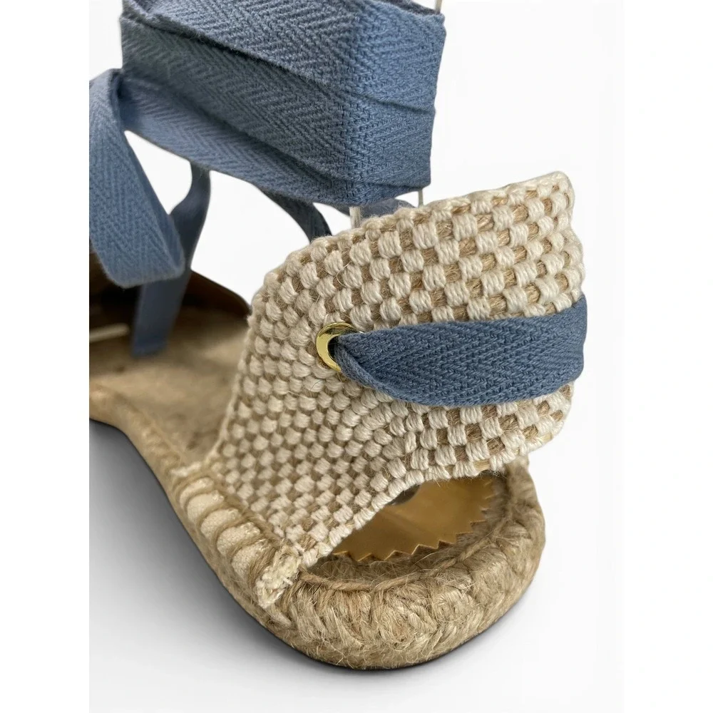 J.Crew Canvas Ankle Tie Espadrille Flats Womens‎ 8 Blue Chambray Stripe NWOB